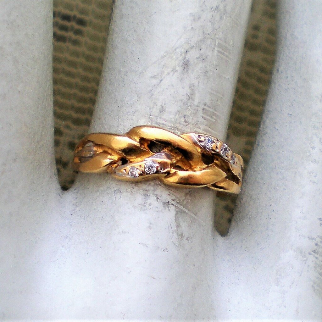 Russian Russia Designer Solid 18k 750 Yellow Gold Cz Cluster Braided Band Ring